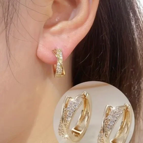 Dainty Golden-Plated Huggie Hoop Earrings with CZ - NEW - Picture 3 of 4